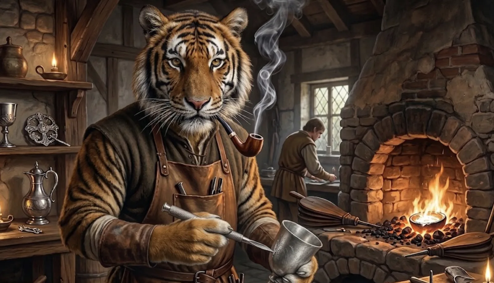 The pipe-smoking tiger as a medieval silversmith, engraving a chalice beside the assayer's furnace.