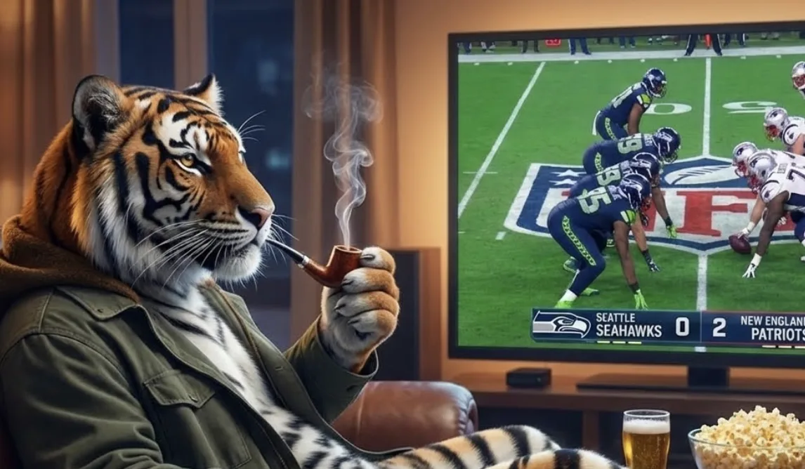 The pipe-smoking tiger settles in with beer and popcorn to watch the Seahawks-Patriots Super Bowl.
