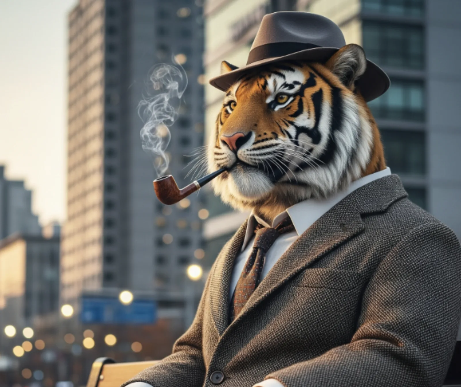 The pipe-smoking tiger in a fedora and tweed suit sits on a bench like a Mad Men-era adman.