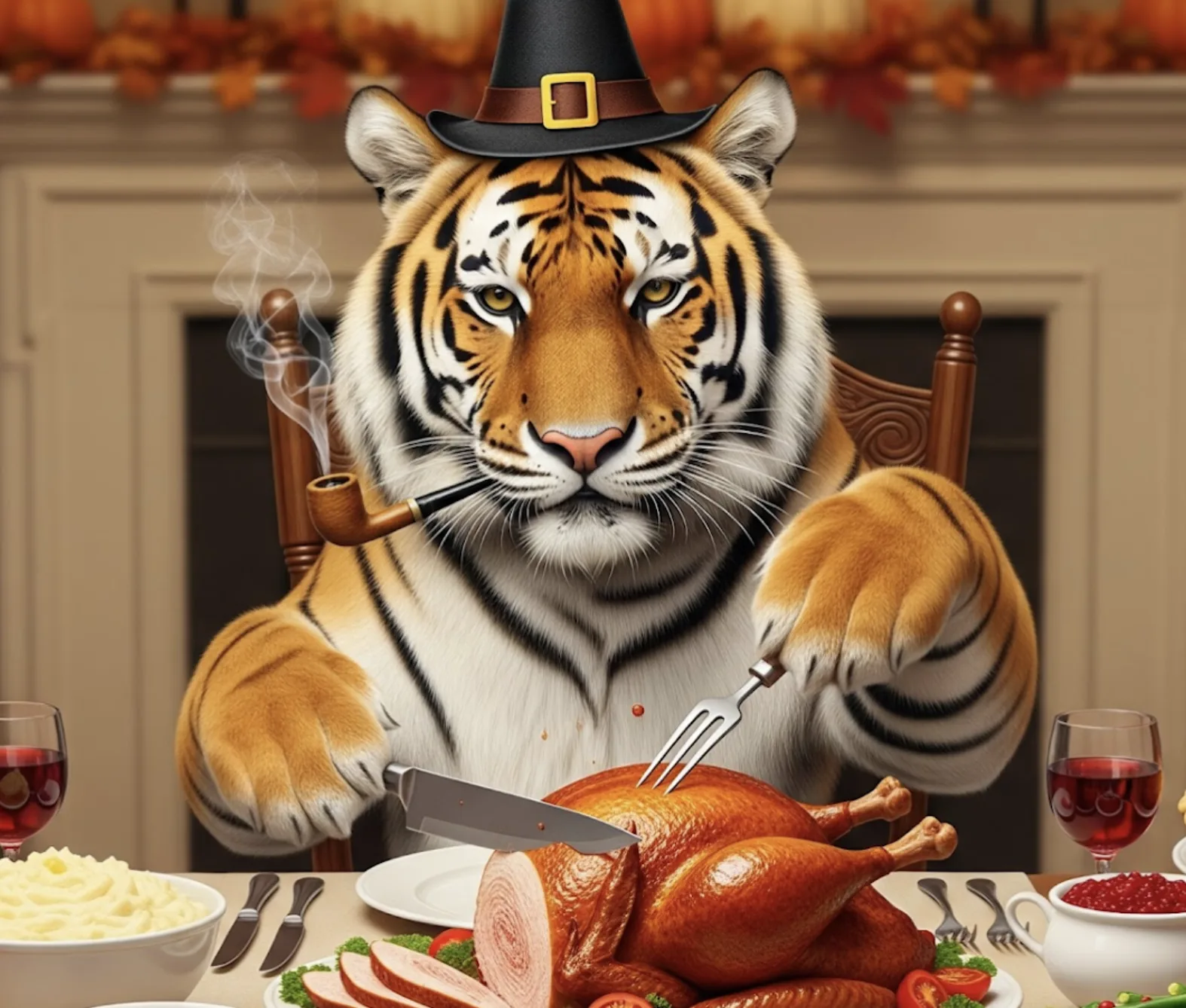 The pipe-smoking tiger in a pilgrim hat carves the Thanksgiving turkey with knife and fork.