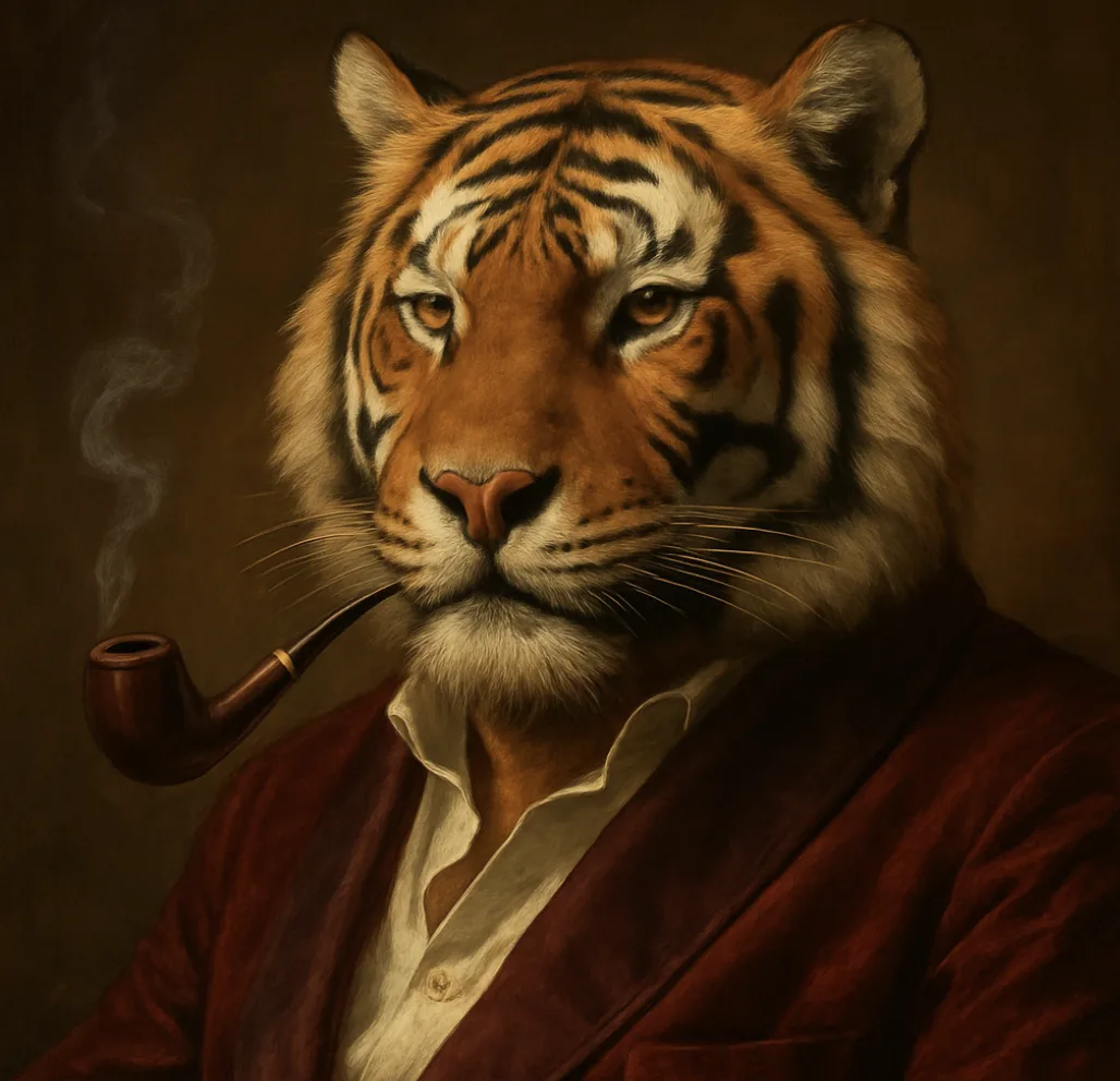 Old-master oil portrait: the tiger in a maroon velvet blazer, pipe resting, gaze level and honest.