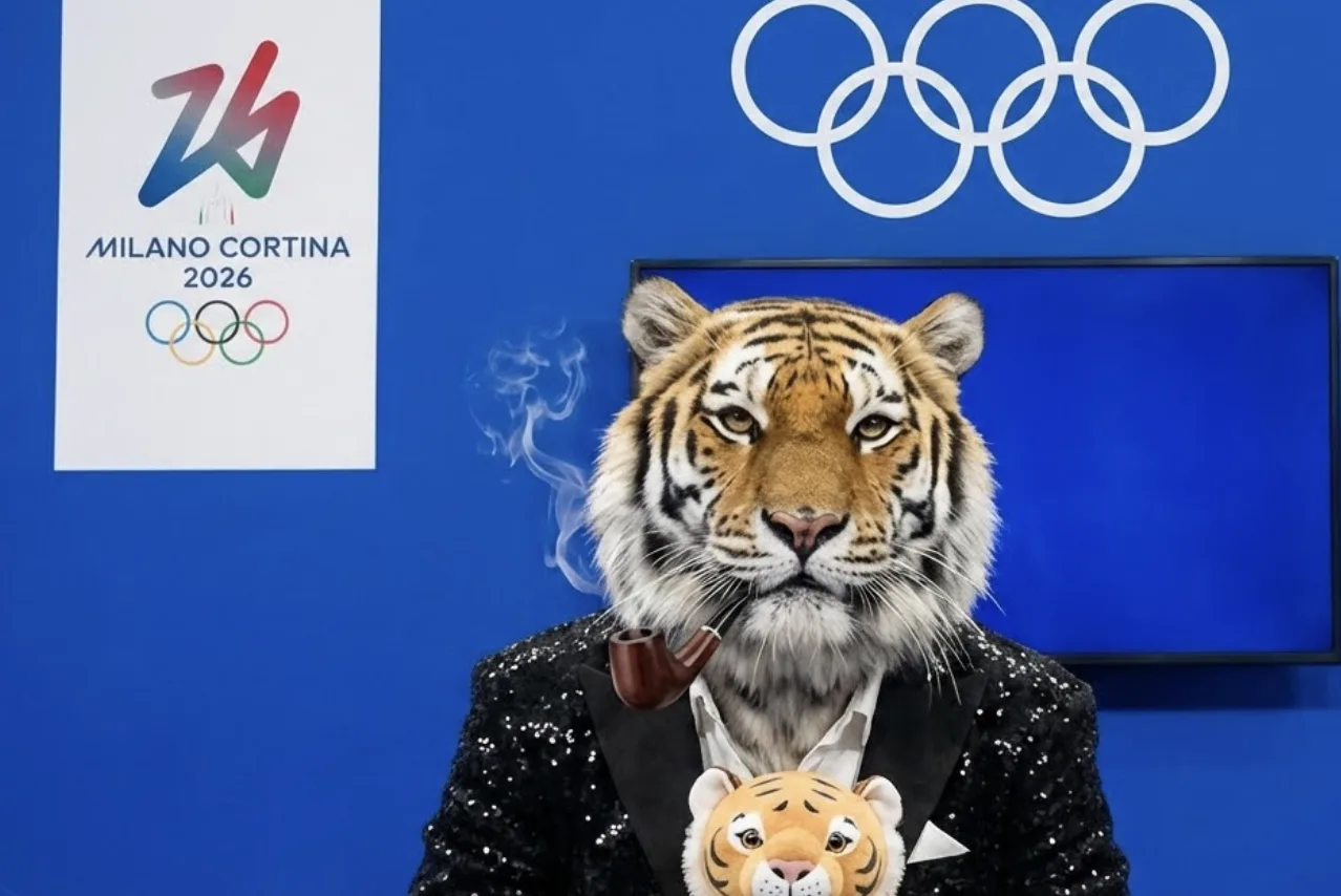 The pipe-smoking tiger in a sequined jacket at a Milano Cortina 2026 Olympics press backdrop, holding a plush tiger mascot.