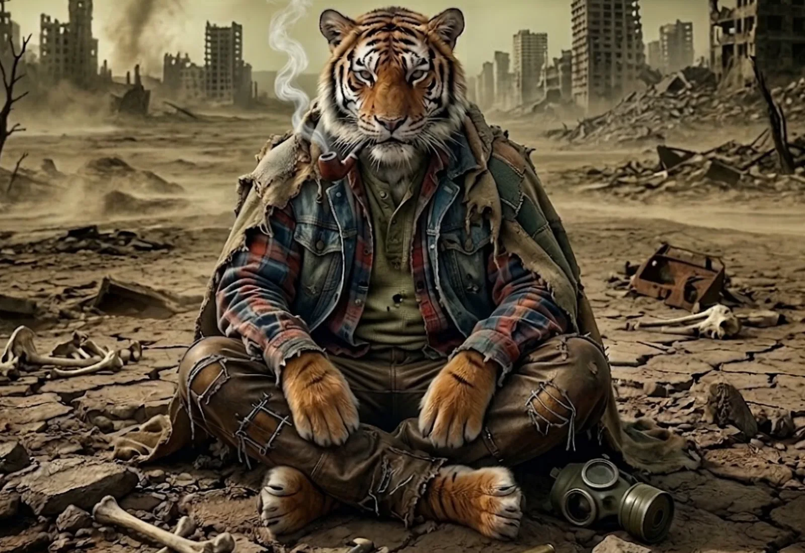 The pipe-smoking Korean tiger, TNC's cultural mascot, sits cross-legged in a bombed-out city, wearing a torn denim jacket and patched work trousers, a discarded gas mask and scattered bones on the cracked ground around him and gutted towers on the horizon.
