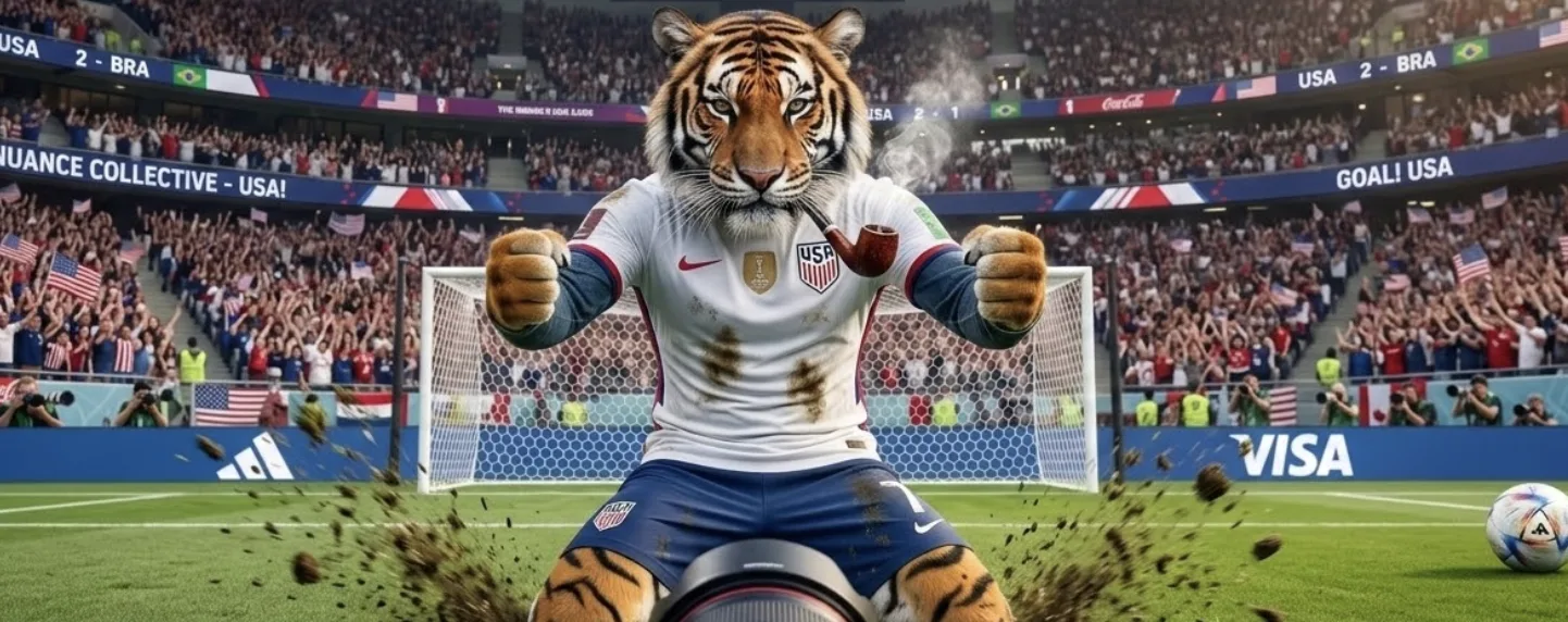 The pipe-smoking tiger in a USA kit celebrates a World Cup goal in a packed stadium.
