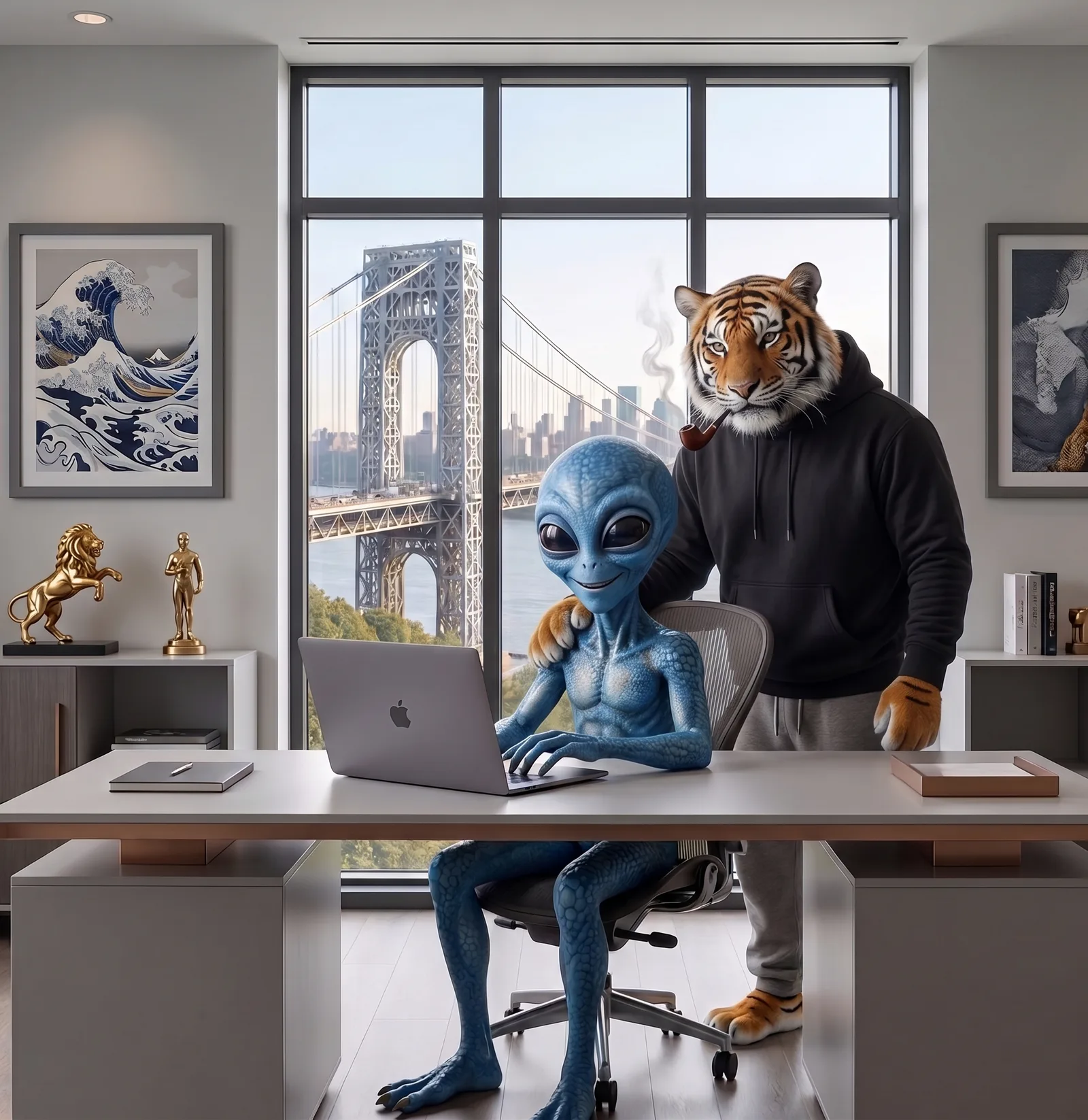 Xurloz, a blue interstellar visitor, types at a MacBook in a Fort Lee office with the George Washington Bridge filling the window, while the pipe-smoking Korean tiger, TNC's cultural mascot, stands behind him in a black hoodie with one paw on his shoulder. A Cannes Lion and a gold statuette sit on the credenza under a Hokusai wave print.