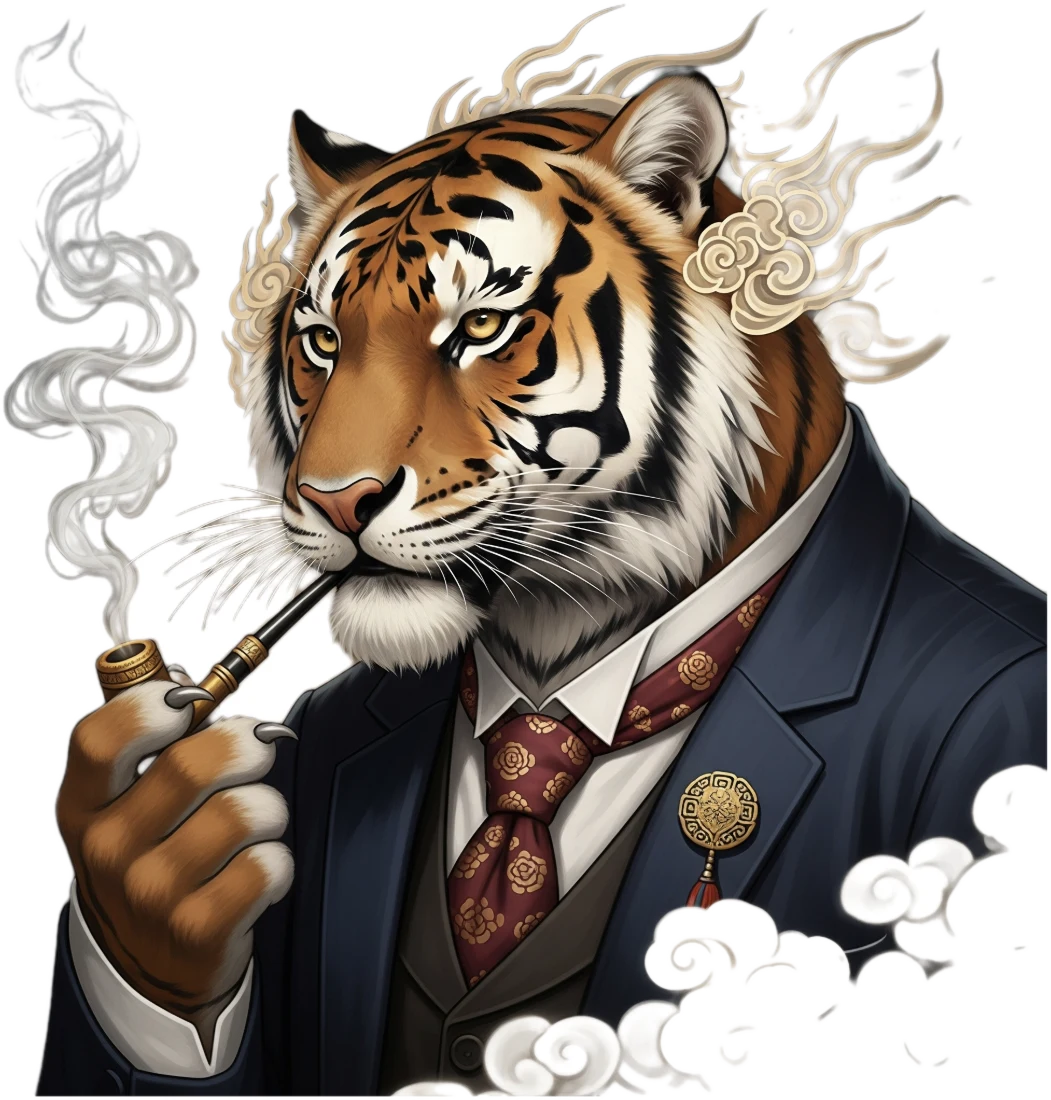 The pipe-smoking Korean tiger, TNC's cultural mascot, in a navy suit and rose-patterned tie among clouds of smoke. From the folktale preamble: back when tigers smoked.